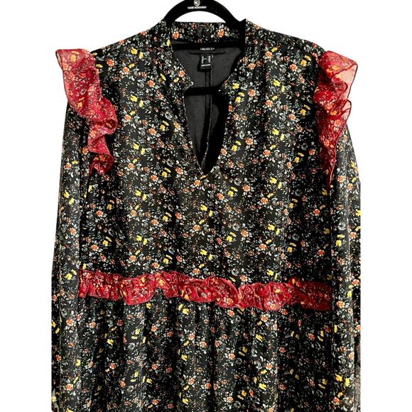 Forever 21 Tunic 0X Black Mini Floral Ditzy Print Ruffled Shoulder Boho - Picture 4 of 8